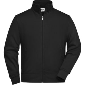 A black zip-up sweat jacket with a stand-up collar and side pockets, featuring a logo.