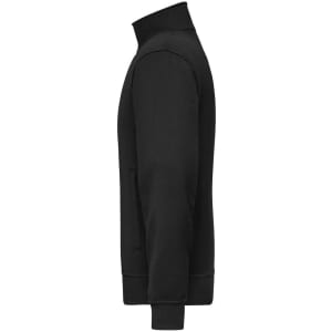 A black workwear sweat jacket featuring a high collar and zippered pockets. It has a fitted design and ribbed cuffs.