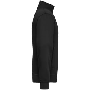 A black workwear sweat jacket featuring a zippered collar and side pockets, with a logo on the front.