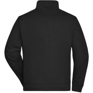 A black sweat jacket with a high collar and long sleeves, featuring a logo on the back.