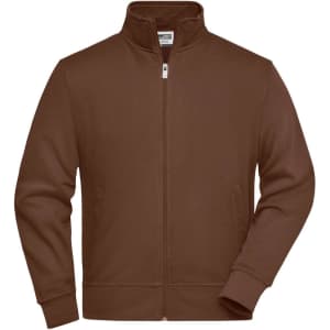 A brown zip-up sweat jacket featuring a collar and side pockets, with a logo on the chest area.