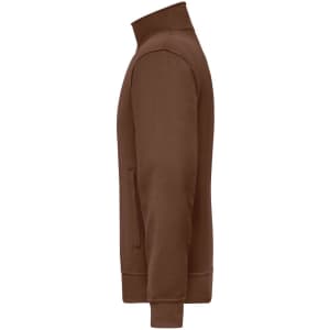 A brown workwear sweat jacket featuring a zip collar and side pockets, with a brand logo visible.