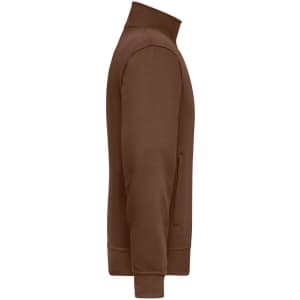 A brown workwear sweat jacket with a zip collar and side pockets, featuring a branded logo.
