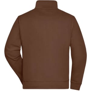A brown workwear sweat jacket with a high collar and ribbed cuffs, featuring a logo on the back.