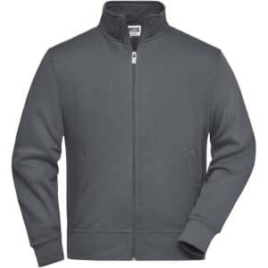 A grey zip-up workwear sweat jacket with a high collar and side pockets. Features a logo on the chest.