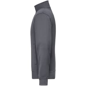 A grey workwear sweat jacket featuring a zippered pocket and a high collar, with a simple logo on the chest.