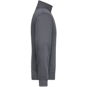 A grey workwear sweat jacket with a high collar and side pockets, featuring a logo on the chest.
