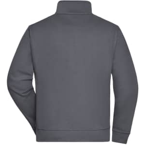 A grey workwear sweat jacket with a high collar and a logo on the back, featuring a simple design.
