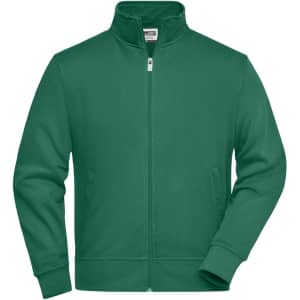 A green sweat jacket with a zip front, featuring a high collar and side pockets. It has a simplistic design and branding.