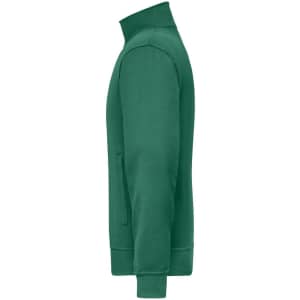 A green Workwear Sweat Jacket featuring a high collar and zippered side pocket. It has a simple design with a logo.