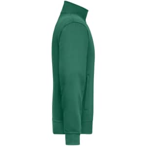 A green Workwear Sweat Jacket with a zippered side pocket and a high collar, featuring a logo on one side.
