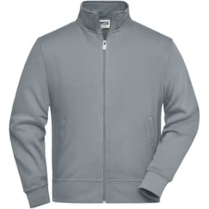 A grey sweat jacket featuring a zip front and side pockets, designed for workwear. It has a logo on the chest.