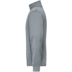 A grey workwear sweat jacket featuring a high collar and a zippered side pocket. It has a simple design and a logo.