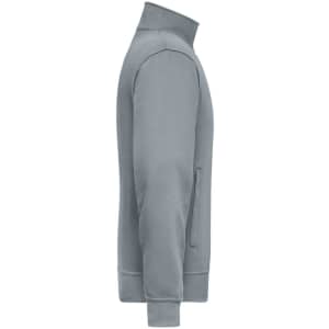 A grey workwear sweat jacket featuring a zip front and side pockets. It has a stand-up collar and ribbed cuffs.