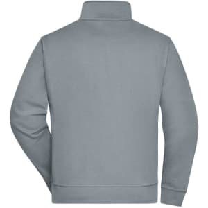 A grey Workwear Sweat Jacket featuring a high collar and long sleeves, with a logo on the back.