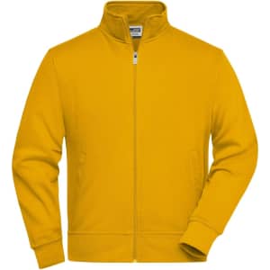A yellow workwear sweat jacket with a zip front and side pockets, featuring a collar and a logo.