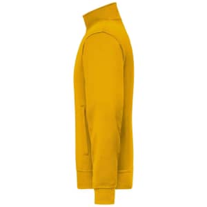 A yellow workwear sweat jacket with a high collar and side pockets, featuring a logo on the garment.