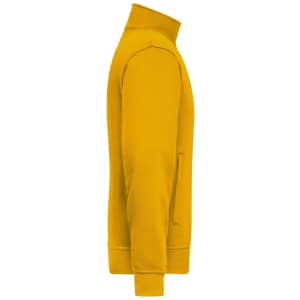 A yellow workwear sweat jacket featuring a zip pocket and a high collar, with a logo on the side.