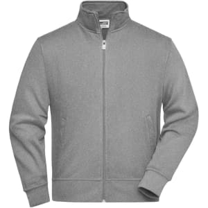 A grey workwear sweat jacket with a zip front and stand collar, featuring side pockets and a logo on the chest.