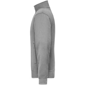 A grey workwear sweat jacket featuring a high collar and side pockets, with a logo displayed.