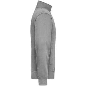 A grey workwear sweat jacket featuring a high collar and side pockets, with branding present.