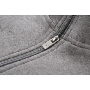 A grey workwear sweat jacket featuring a zip closure and a logo.