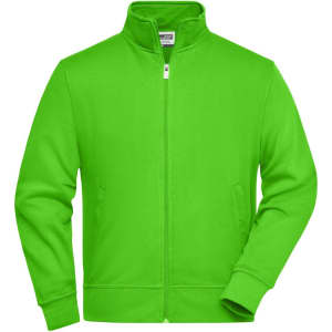 A bright green workwear sweat jacket featuring a stand-up collar and zip closure, with side pockets and a logo.