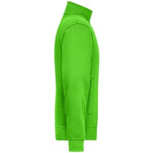 A vibrant green workwear sweat jacket with a high collar and zip pockets, featuring a logo.