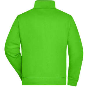 A bright green workwear sweat jacket with a high collar and long sleeves, featuring a logo on the back.