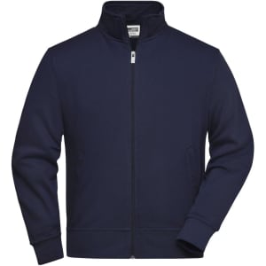 A navy blue sweat jacket with a zip front and side pockets. The jacket features a collar and has a logo.