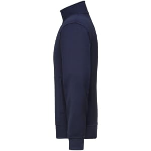 A navy blue workwear sweat jacket with a high collar and long sleeves, featuring side pockets and a logo.