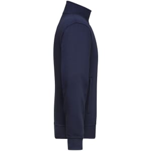 A navy workwear sweat jacket with a high collar and zippered pockets, featuring a logo on the side.