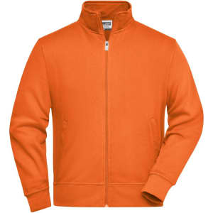 An orange zip-up work jacket with a high collar and side pockets, featuring a branding logo.