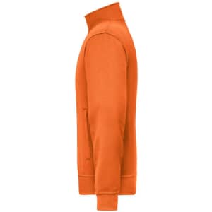 An orange workwear sweat jacket with a high collar and a zippered side pocket. It features a logo on the fabric.