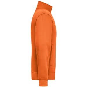 An orange Workwear Sweat Jacket with a zip pocket, featuring a high collar and fitted cuffs.