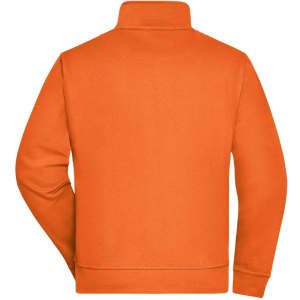 An orange sweat jacket with a high collar and a plain back view. The jacket features a logo on the side.