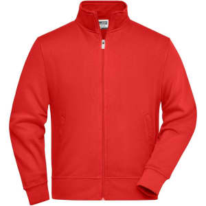 A red Workwear Sweat Jacket with a zip front, high collar, and side pockets, featuring a logo.