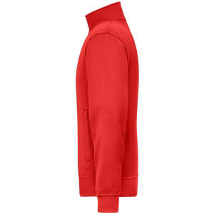 A red workwear sweat jacket featuring a high collar and side pockets, with a logo on the chest.