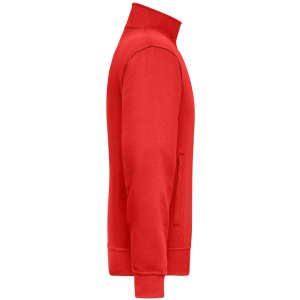 A red sweat jacket with a zippered front and a high collar, featuring a side pocket and a brand logo.