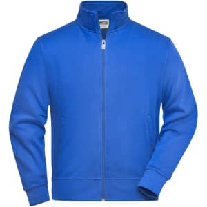 A royal blue workwear sweat jacket with a full zip and two side pockets, featuring a collar and branding.