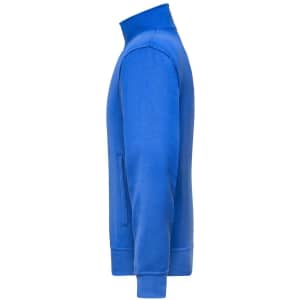 A blue workwear sweat jacket with a high collar and front zip pocket, featuring a logo on the chest.