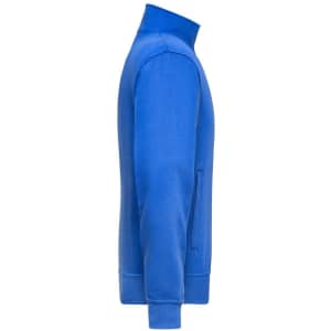 A blue Workwear Sweat Jacket featuring a high collar and side pockets, designed for comfort and practicality.