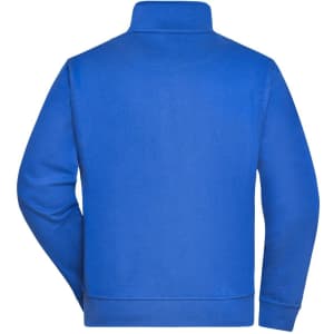 A blue workwear sweat jacket with a high collar and long sleeves, featuring a logo on the back.