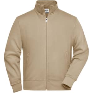 A tan workwear sweat jacket featuring a zip front and a high collar, with side pockets and a branding logo.