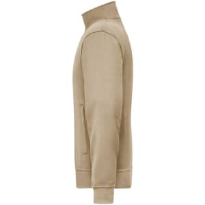 A tan workwear sweat jacket displayed from the side, featuring a zip pocket and a high collar.