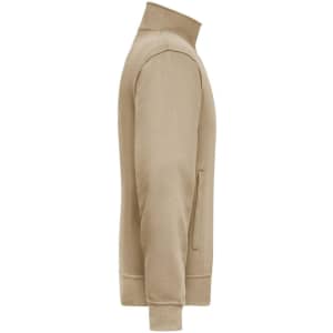 A beige workwear sweat jacket with a high collar and side pockets, featuring a logo on it.