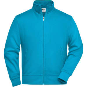 A blue sweat jacket with a zip closure and side pockets, featuring a collar and an interior tag.