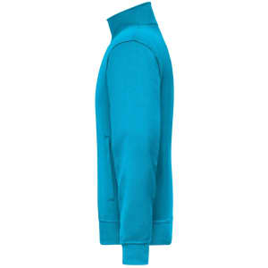 A turquoise workwear sweat jacket with a high collar and a zip pocket on the side.