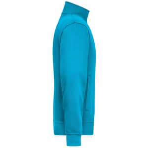 A turquoise workwear sweat jacket with a zippered pocket and a high collar, featuring a logo.