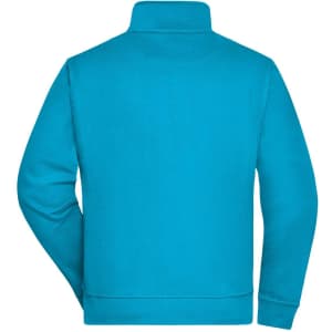 A turquoise workwear sweat jacket with a high collar and long sleeves, featuring a logo on the back.